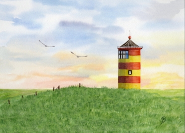 Postkarte DIN-A6 Aquarell Maritim Kunst Druck Kunstdruck Nordsee Ostfriesland Greetsiel Pilsumer Leuchtturm Pilsum Schafe Deich